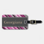 [ Thumbnail: Pink, Purple, Grey Striped Pattern + Name Luggage Tag ]