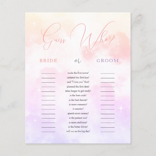 Pink Purple Guess Who Bride or Groom Bridal Game