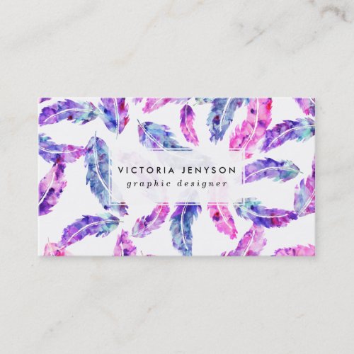 Pink purple hand painted watercolor boho feathers business card