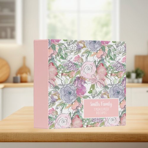 Pink Purple Hand Sketched Flowers White Recipe 3 Ring Binder