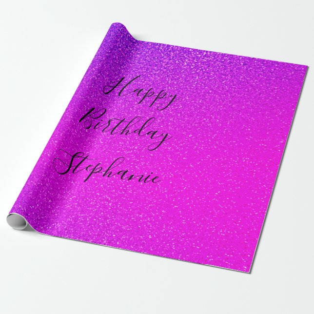 Pink Purple Happy Birthday Glitter Custom Name Wrapping Paper (Unrolled)
