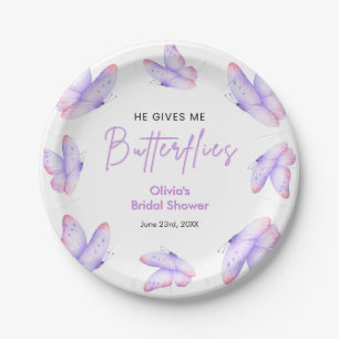Pink Purple He Gives Me Butterflies Bridal Shower Paper Plates