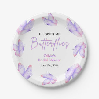 Pink Purple He Gives Me Butterflies Bridal Shower Paper Plates