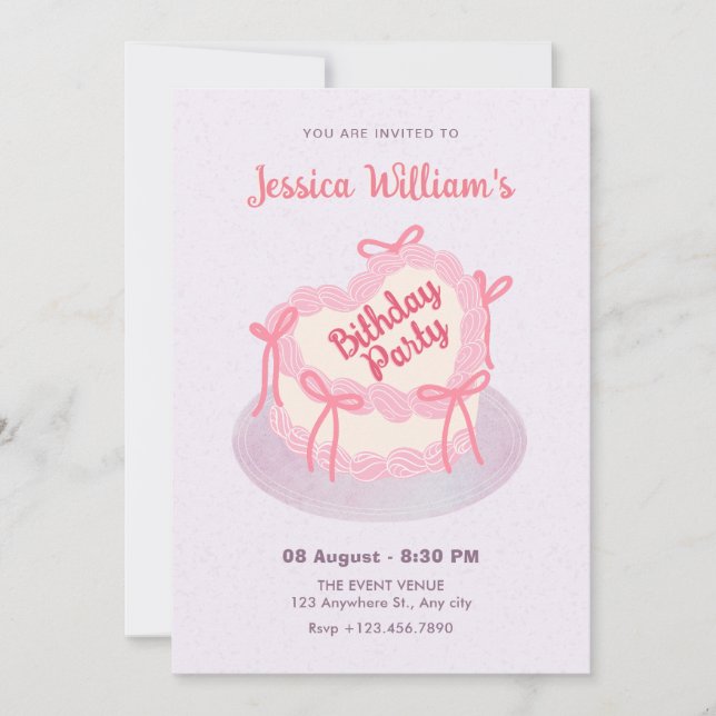 Pink purple heart birthday cake  invitation (Front)