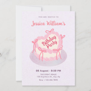 Pink purple heart birthday cake  invitation