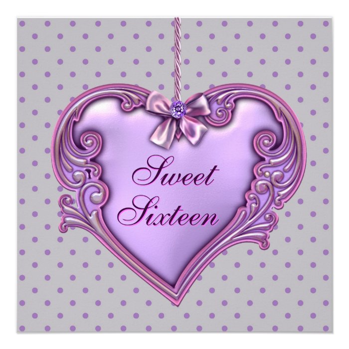 Pink Purple Heart Sweet 16 Birthday Party Custom Announcements