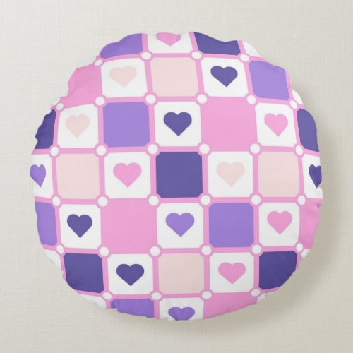 PINK  PURPLE HEARTS AND PLAID PATTERNS ROUND PILLOW