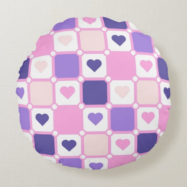 PINK & PURPLE HEARTS AND PLAID PATTERNS ROUND PILLOW (Front)