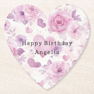Pink Purple Hearts Flowers Birthday Paper Coaster