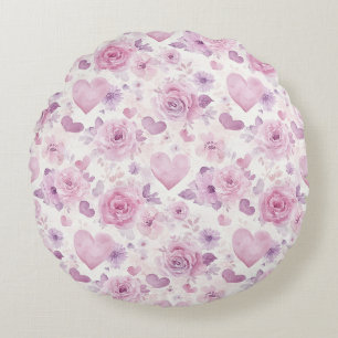 Pink Purple Hearts Flowers Birthday Round Pillow