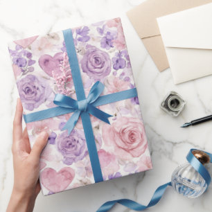 Pink Purple Hearts Flowers Bridal Shower Wrapping Paper