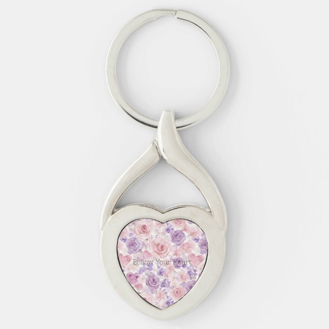 Pink Purple Hearts Flowers Keychain (Front)