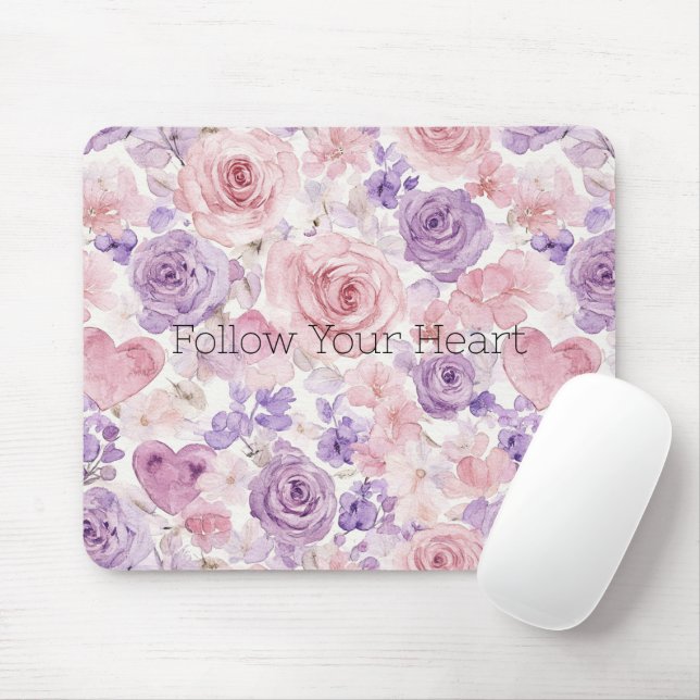 Pink Purple Hearts Flowers Mouse Pad (With Mouse)