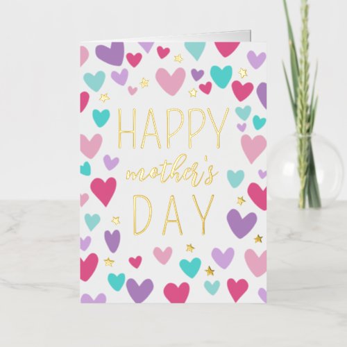 Pink Purple Hearts Gold Stars Happy Mothers Day Foil Greeting Card