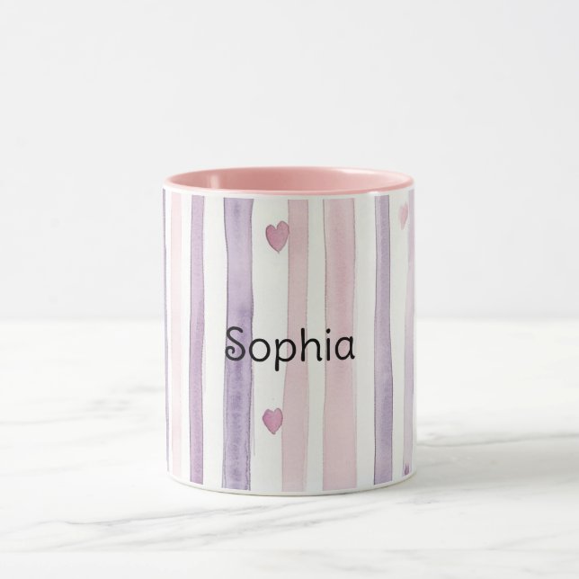 Pink Purple Hearts Stripes Birthday Mug (Center)