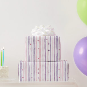 Pink Purple Hearts Stripes Birthday Wrapping Paper