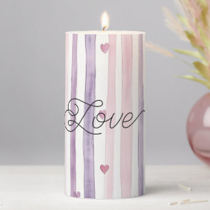 Pink Purple Hearts Stripes Love Pillar Candle