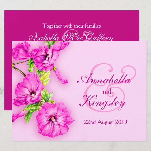 Pink purple hibiscus flower wedding invitation (Front/Back)