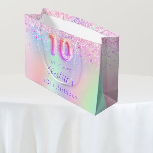 Pink purple holographic 10th birthday large gift bag