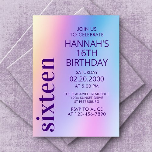Pink Purple Holographic Birthday Invitation