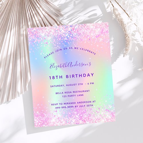 Pink purple holographic birthday party invitation