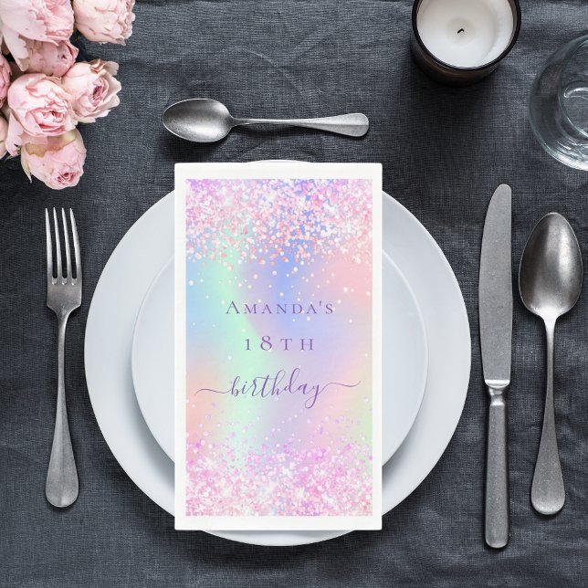 Pink purple holographic birthday party paper guest towels (Creator Uploaded)