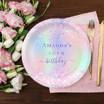 Pink purple holographic birthday party paper plates<br><div class="desc">A girly trendy iridescent background with unicorn and rainbow pastel colors in pink,  purple,  mint green. Decorated with drips in pink,  purple.  Personalize and add a name and age.  The word birthday is written with a modern hand lettered style script.</div>