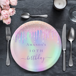 Pink purple holographic birthday party paper plates