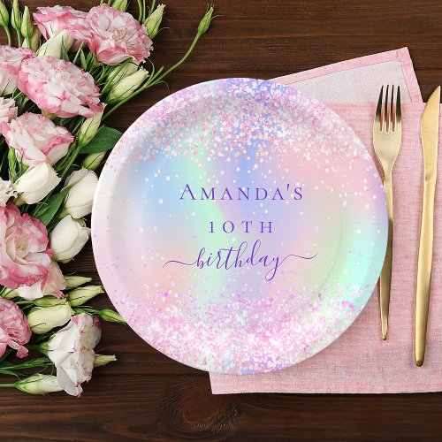 Pink purple holographic birthday party paper plates