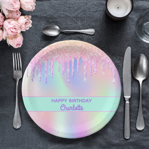 Pink purple holographic birthday party paper plates