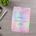 Pink purple holographic business name iPad pro cover<br><div class="desc">A trendy iridescent, holographic background with pastel colors in pink, purple, mint green. Decorated with confetti. For makeup artists, hair designers, hair and beauty salons, nurses. Purple colored letters. Personalize and add your name and contact information. The personal name is written with a modern hand lettered style script with swashes....</div>