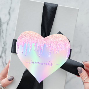 Pink purple holographic drips birthday heart sticker