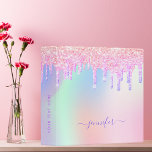 Pink purple holographic drips girl 3 ring binder<br><div class="desc">A trendy holographic background with unicorn colors and rainbow colors in pink,  purple,  mint green. Decorated with  drips in pink and purple. Personalize and add a name,   purple colored letters .Add your text on the spine.  Perfect for a home office,  school homework,  back to school.</div>