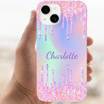 Pink purple holographic glitter drips name Case-Mate iPhone 14 case<br><div class="desc">A trendy holographic background with unicorn and rainbow pastel colors in pink,  purple,  rose gold,  mint green. Decorated with faux glitter drips in rose gold,  pink and purple. Personalize and add a name.   A bit of everyday glam to brighten up your day!</div>