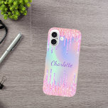 Pink purple holographic glitter drips name iPhone 16 case<br><div class="desc">A trendy holographic background with unicorn and rainbow pastel colors in pink,  purple,  rose gold,  mint green. Decorated with faux glitter drips in rose gold,  pink and purple. Personalize and add a name.   A bit of everyday glam to brighten up your day!</div>