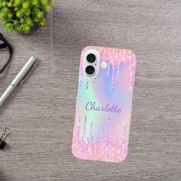 Pink purple holographic glitter drips name iPhone 16 case