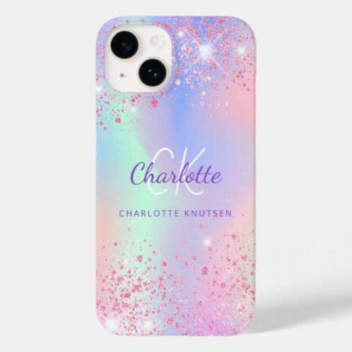 Pink purple holographic glitter monogram name Case_Mate iPhone 14 case