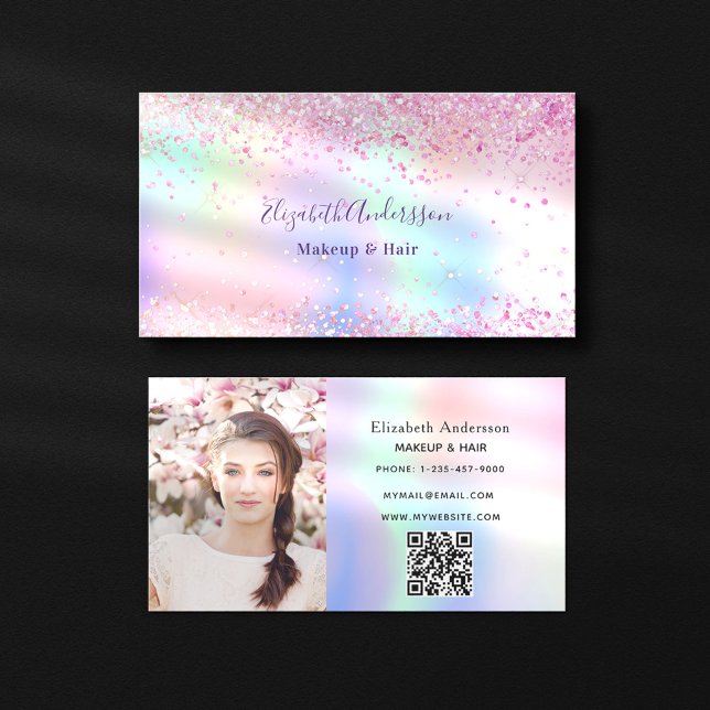 Pink purple holographic glitter photo qr code business card (Creator Uploaded)