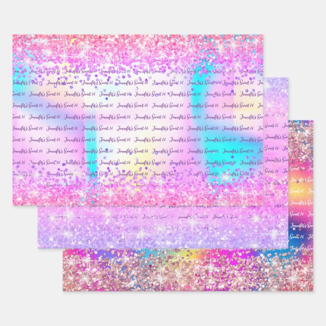 Pink Purple Holographic Glitter Sweet 16 Birthday Wrapping Paper Sheets (Set)