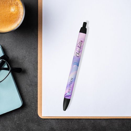 Pink purple holographic monogram name black ink pen