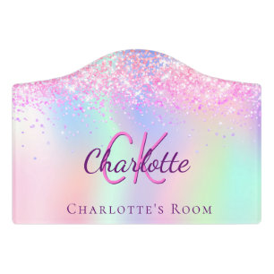 Pink purple holographic monogram name door sign