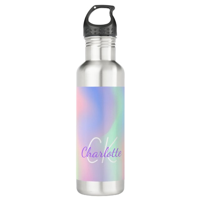Pink purple holographic monogram script stainless steel water bottle (Front)