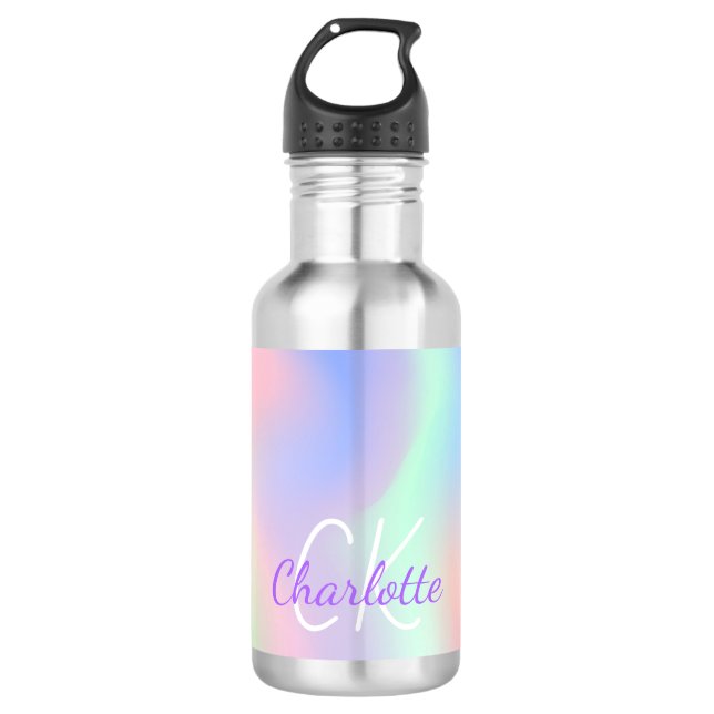 Pink purple holographic monogram script stainless steel water bottle (Front)