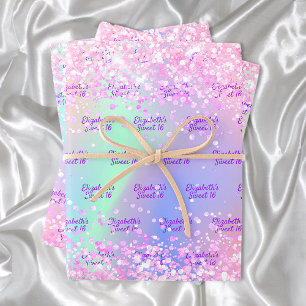 Pink purple holographic name confetti Sweet 16 Wrapping Paper Sheets