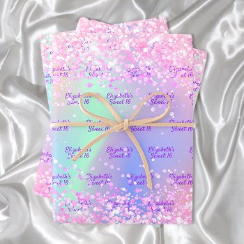 Pink Purple Holographic Name Confetti Sweet 16 Wrapping Paper Sheets by Thunes at Zazzle