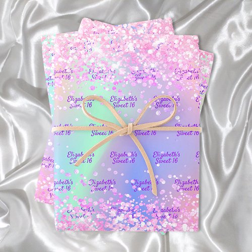 Pink purple holographic name confetti Sweet 16 Wrapping Paper Sheets