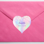 Pink purple holographic name school heart sticker<br><div class="desc">A trendy holographic background in pink,  purple,  mint green. Decorated with confetti.  Purple colored letters. Personalize and add your name.  Perfect for a marking your school belongings.</div>