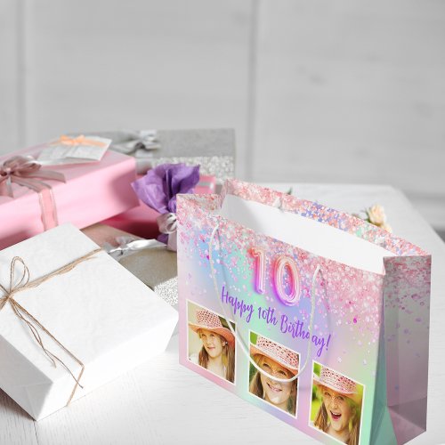 Pink purple holographic photo 10th birthday large gift bag