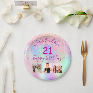 Pink purple holographic photo 21st birthday party paper plates