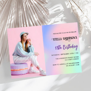 Pink purple holographic photo birthday invitation